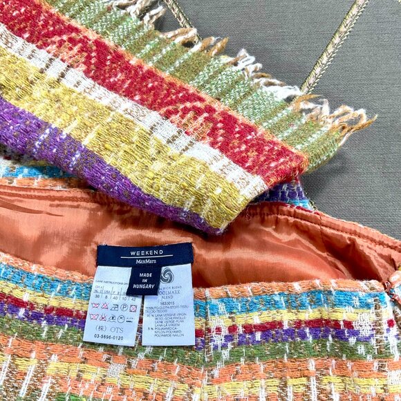 Max Mara Weekend Skirt Wool Blend Colorful Stripes Yellow Multi Pleats Fringe (8 - Picture 6 of 8